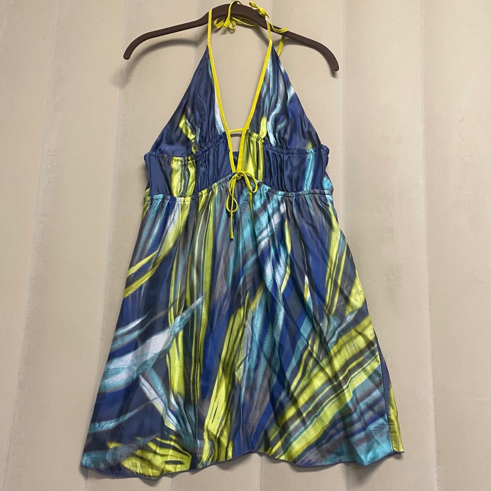 Black Halo Women's Double String Halter Dress Medium 100% Silk Abstract Mini